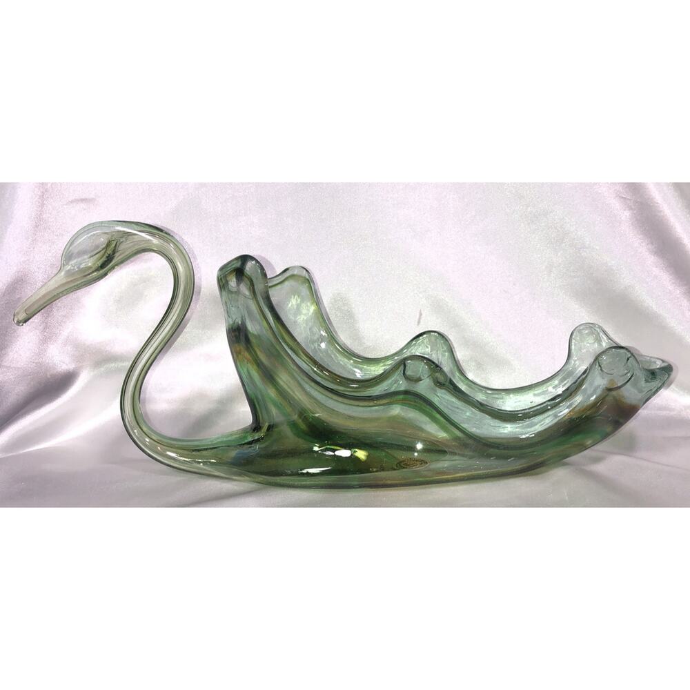 Sooner Glass Swan Dish Clear Green Swirl Bowl 16x7x4 in